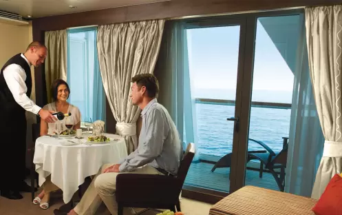 Seabourn Encore Interior in suite dining white drapes