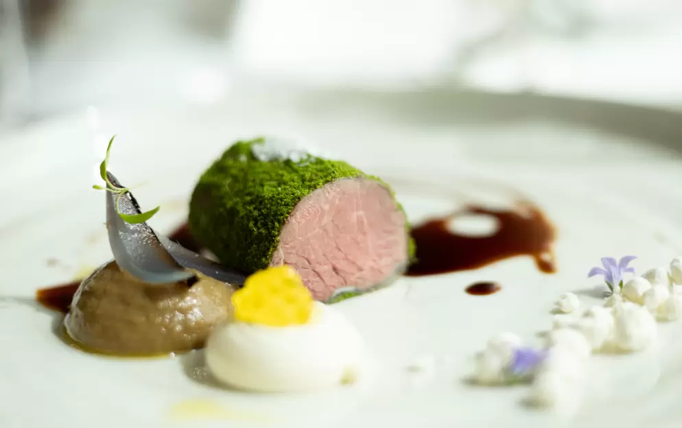 Crystal Cruises Waterside Australian Lamb Rib Eye Smoked Aubergine, Greek Yoghurt, Charred Onions 1.jpg